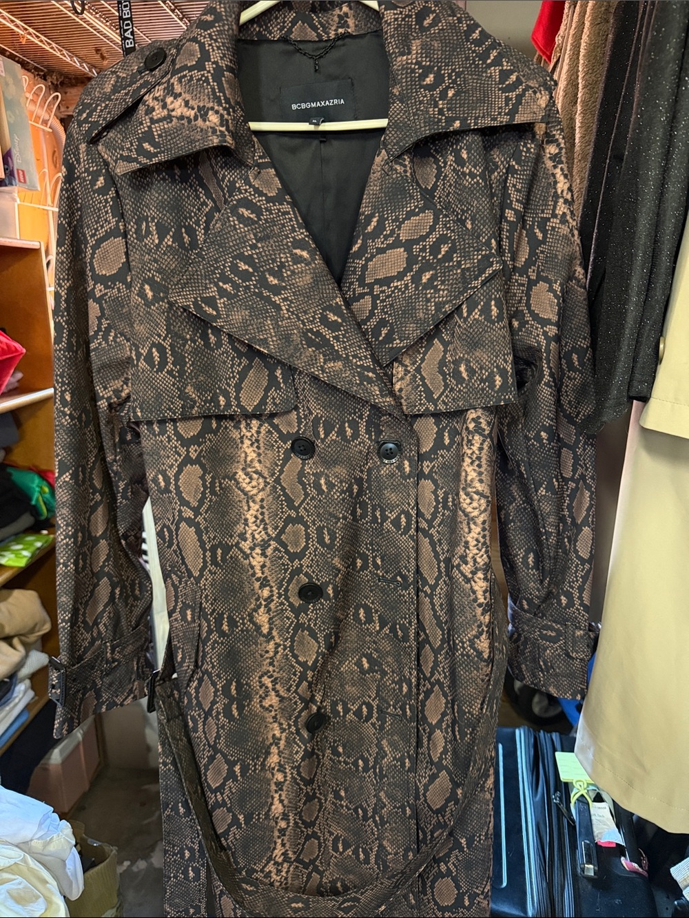 BCBGMaxAzria Brown Snake-Print Trench Coat